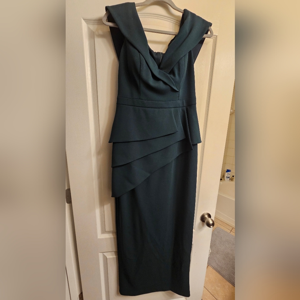 Xscape Green Off Shoulder Gown W/ Asymmetrical Peplum